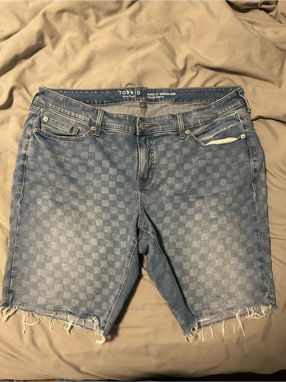 torrid Light Blue Checkered Denim Bermuda Shorts with Frayed Hem